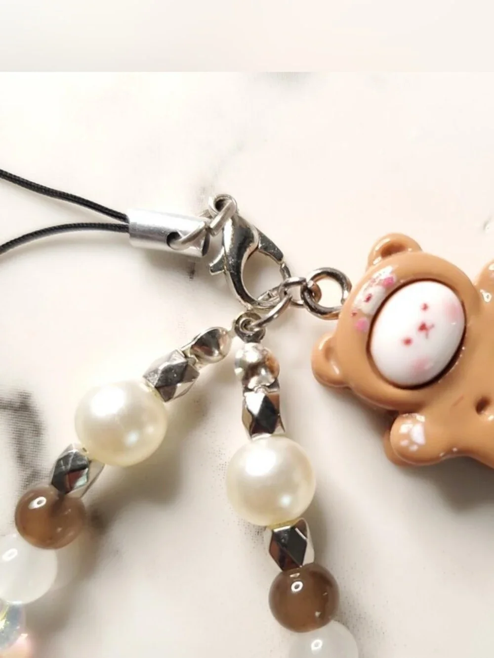 Y2K Kawaii Bear Biscuit Phone Charm | Brown Coquette Beaded Wristlet